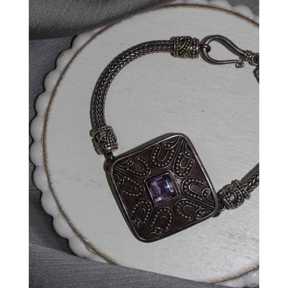 Vintage Bali Sterling Silver Amethyst Bracelet 26.6G / 7.7in